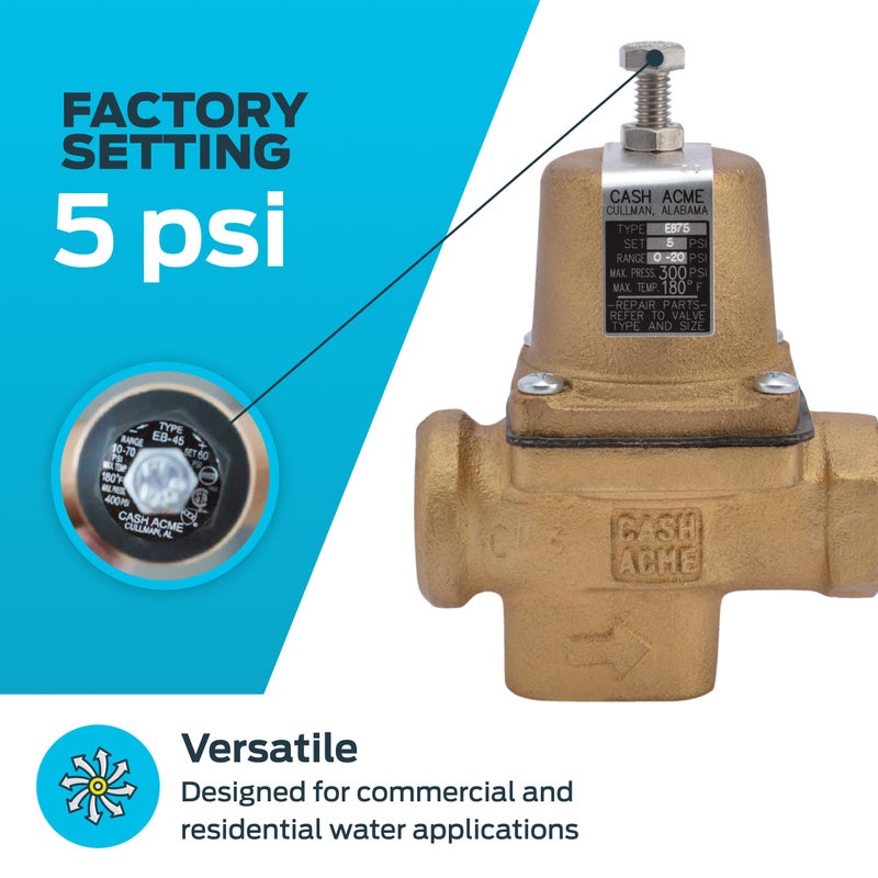 Cash Acme 3/4 Inch EB75 FPT x FPT Pressure Regulator Valve (PRV), 5 PSI, 20662-0005 - Image 3